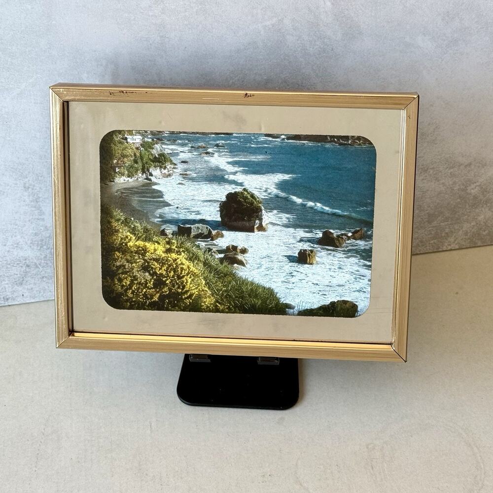 Vintage 1979 Foil Art Coastal Ocean Beach Mirror Border Goldtone Metal Frame